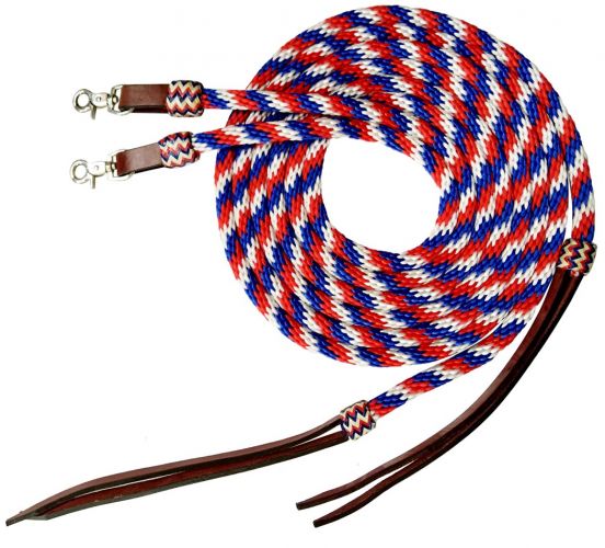 Showman 8ft Red, White, and Blue round braided nylon split reins with leather poppers 19632