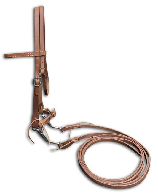 Showman Argentina Cow Leather horse bridle with reins and long shank tom thumb bit 5024