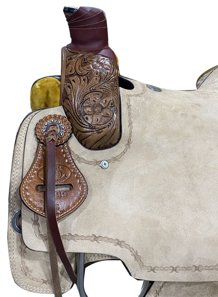 16", 17" Circle S Roper Western Saddle with barbed wire tooling on skirt