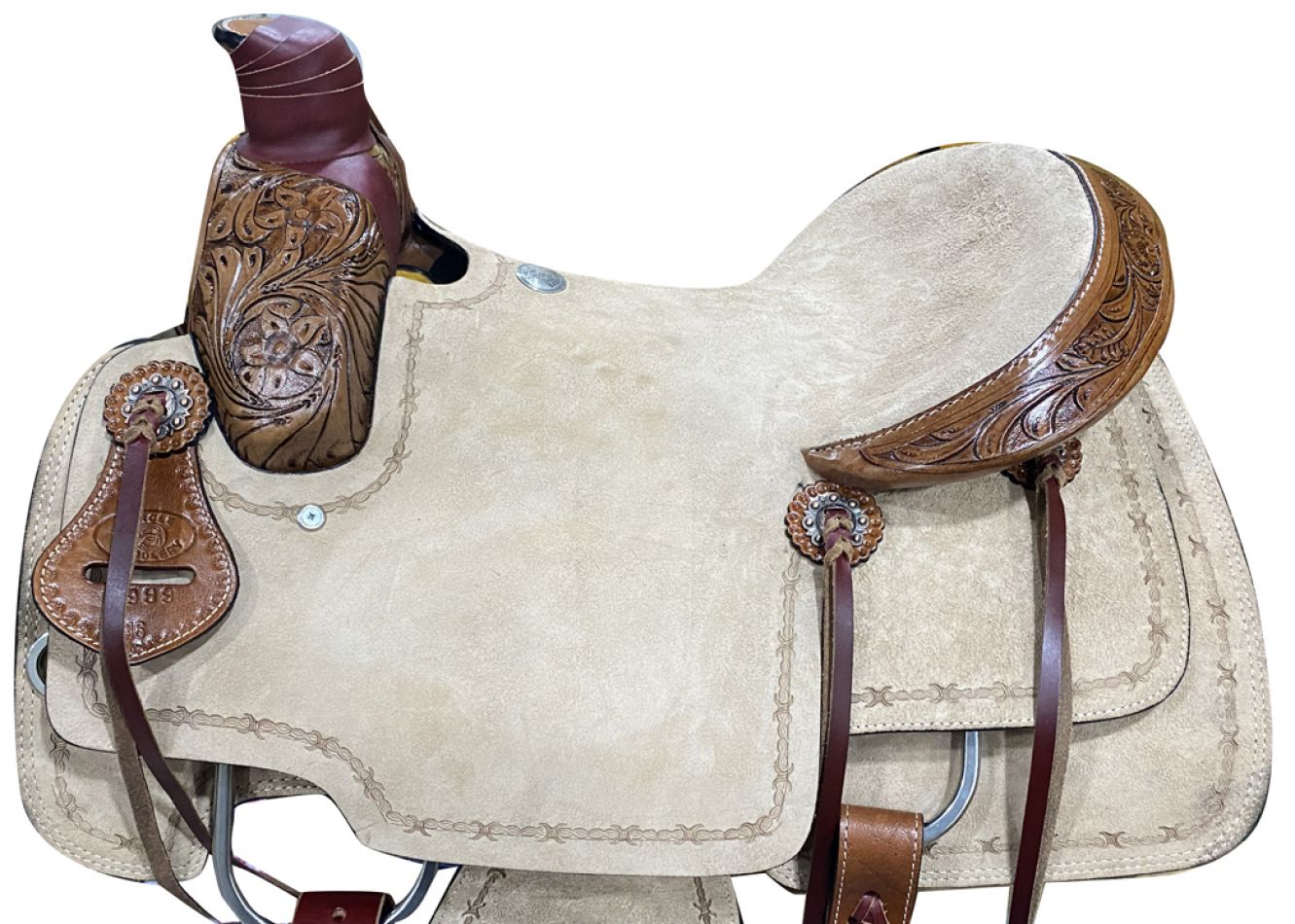 16", 17" Circle S Roper Western Saddle with barbed wire tooling on skirt