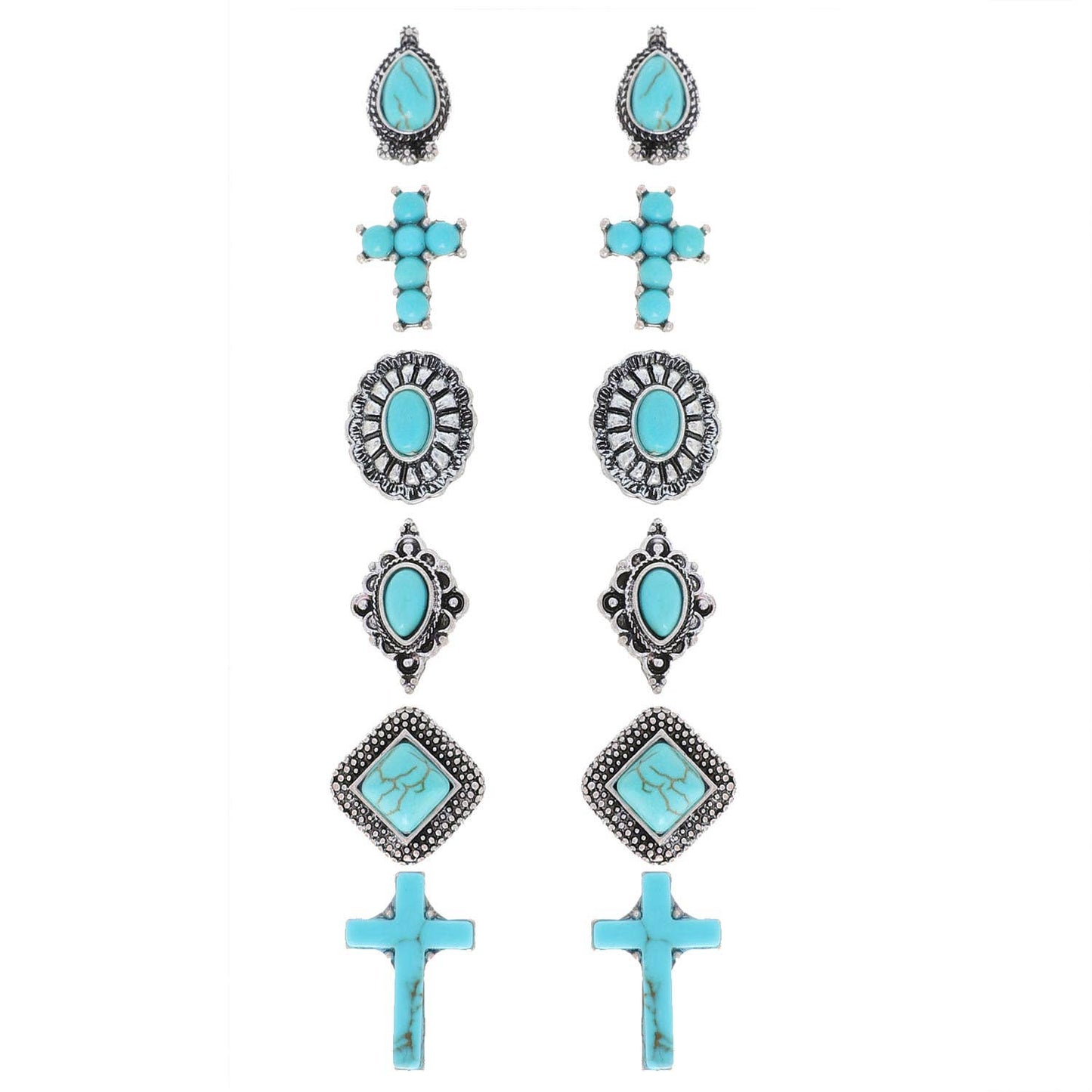 6pc Assorted Western Cross Stud Earrings