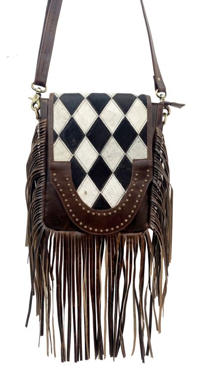 Klassy Cowgirl Leather Conceal Carry Crossbody Bag with diamond pattern hair on cowhide and fringe 78071