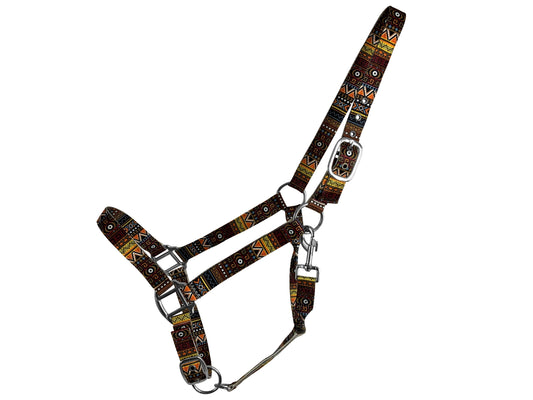 Premium nylon adjustable horse halter - Orange Aztec print AS855