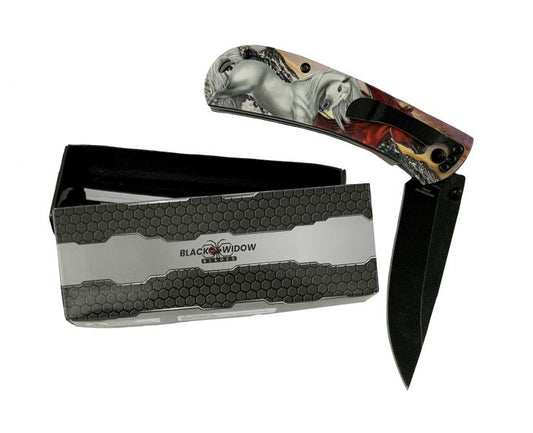 8" Horse Printed Tactical Knife with Clip - Red DF-9046-1