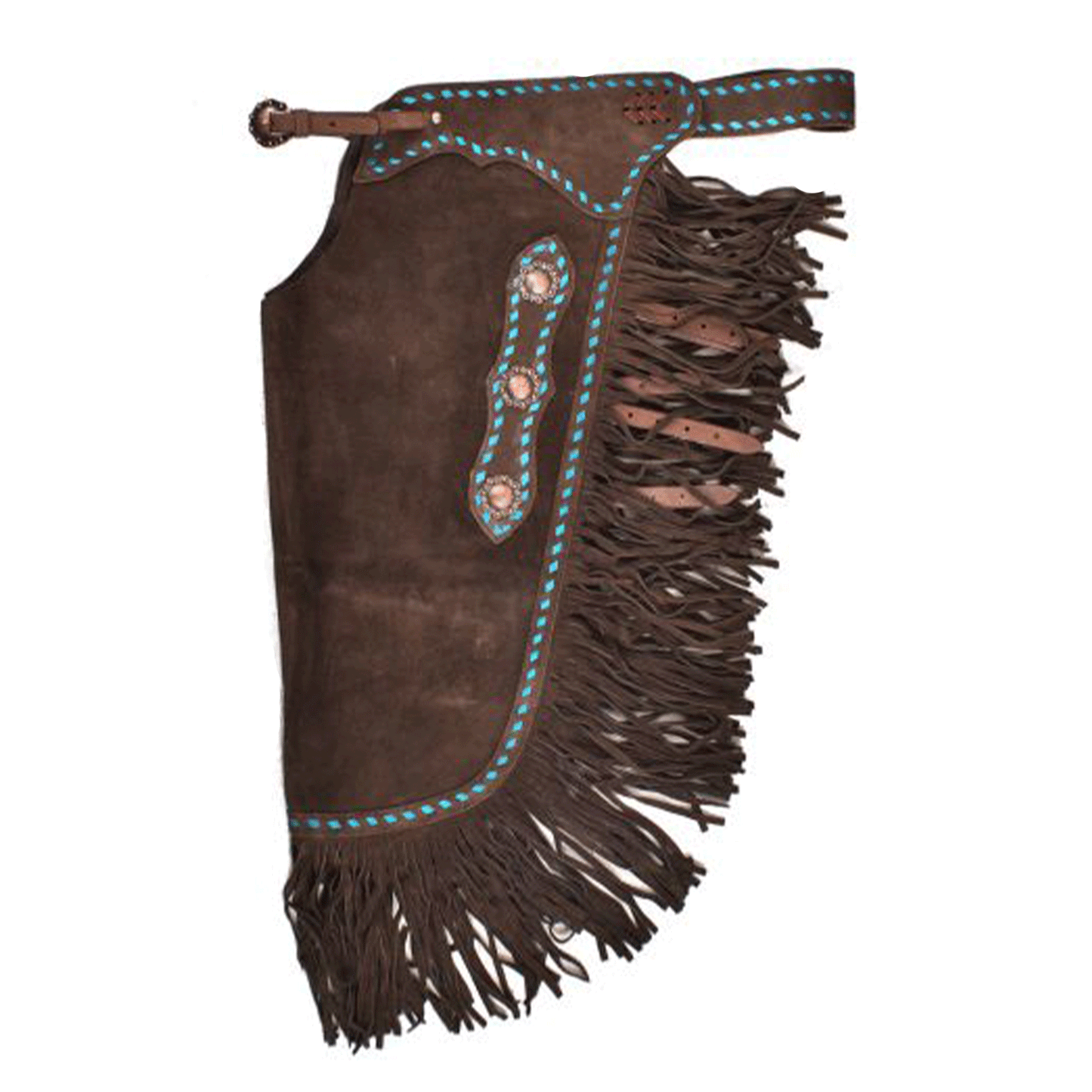 Showman Dark Brown Suede Leather Chinks with Turquoise Buckstitch CH-07