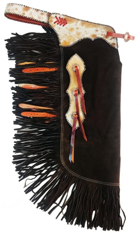 Showman Brown suede leather chinks with Hair on Cowhide Accent CH-15