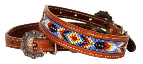Showman Couture Beaded inlay leather dog collar with copper buckle - periwinkle, red, and yellow DC-23