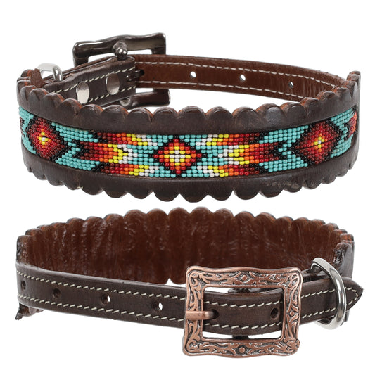 Showman Aztec Flame Beaded Leather Dog Collar DC-57