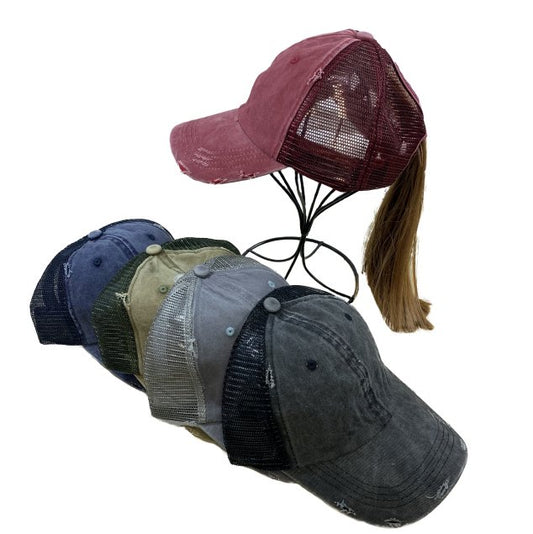 Denim Washed Mesh Pony Tail Hat HT5117