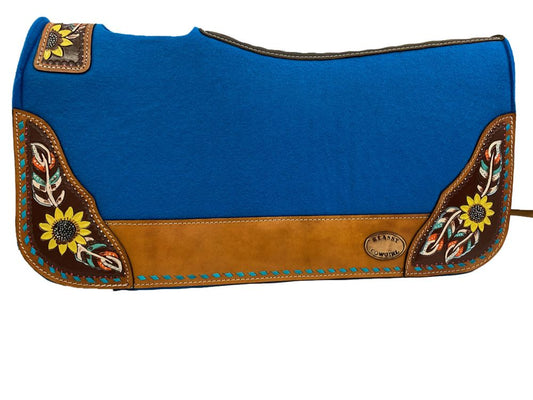 Klassy Cowgirl 28x30 Barrel Style 1" blue felt pad with painted feather and sunflower accent and blue leather lacing KC-3915