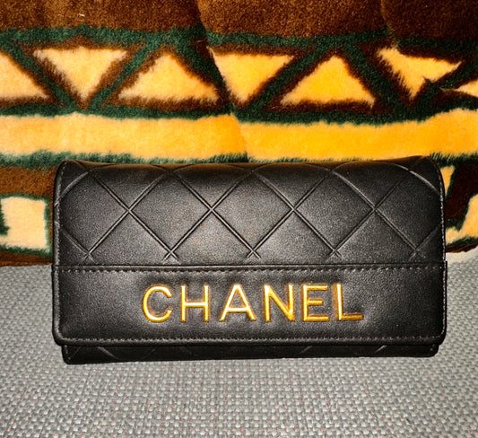 CHANEL Logo Trifold Black Wallet