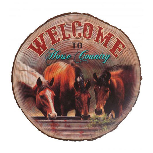 24" Faux cut wood wall décor with "Welcome to horse country" printed graphic RA8198