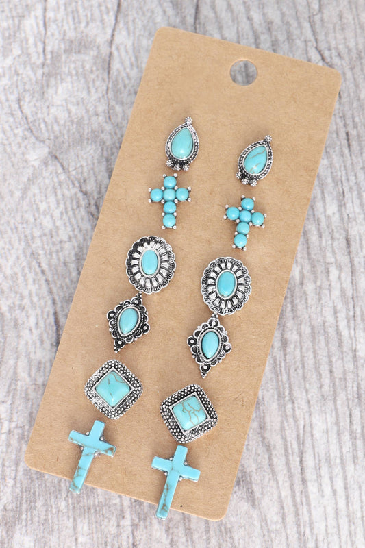 6pc Assorted Western Cross Stud Earrings