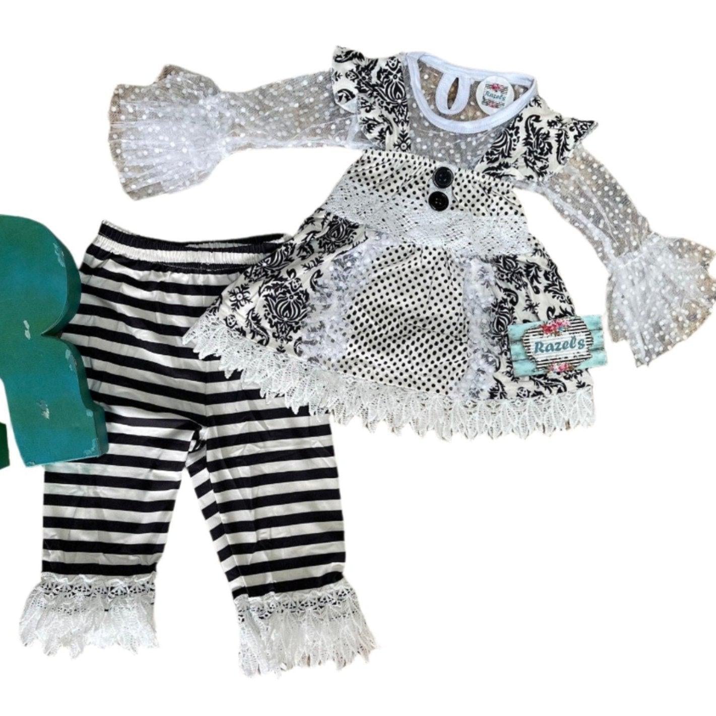 Black and White Lace Outfit, Girls Lace Top, Tunic Tank, and Striped Pants, Funeral Outfit for Little Girls, Special Occasion Outfit