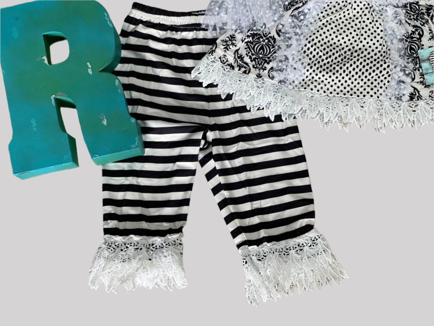 Black and White Lace Outfit, Girls Lace Top, Tunic Tank, and Striped Pants, Funeral Outfit for Little Girls, Special Occasion Outfit