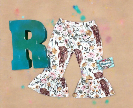 Highland Cow Floral Bell Bottoms, COW PANTS