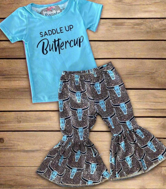 Saddle Up Buttercup Bell Bottom Outfit Sizes: 8/9, 10/12, 14/16, Cowgirl Bell Bottom, Turquoise T-Shirt &; Cow Skull Cheetah Print Flares,