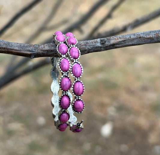 Pink Stone Hoop Earrings, Pink Gemstone Earrings, Large Western earrings, Burnished Silver Earrings, C Shaped Earrings