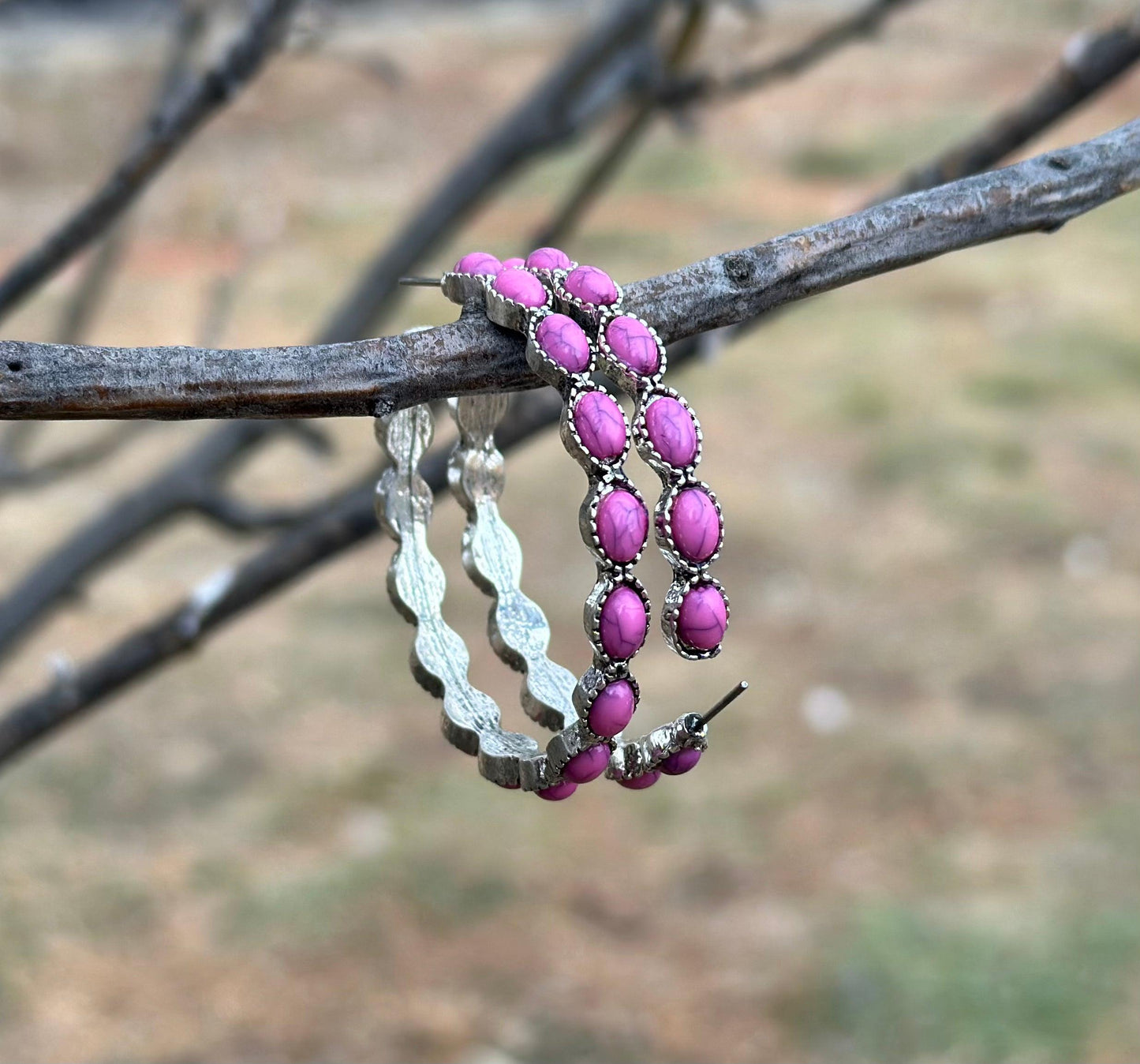 Pink Stone Hoop Earrings, Pink Gemstone Earrings, Large Western earrings, Burnished Silver Earrings, C Shaped Earrings